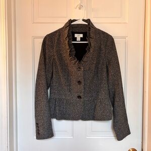 LOFT Women's Charcoal Tweed Blazer with Ruffle Trim